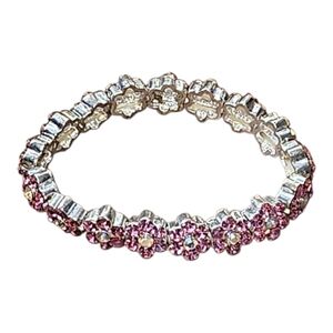 Stretch Bracelet Floral Design, Silver Tone, and Crystals.